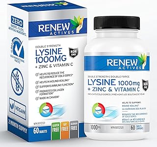 Renew Actives MAXIMUM STRENGTH L-Lysine 1000mg Tablets w. Zinc & Vitamin C (RARE) - For Cold Sore Treatment to Help Prevent Herpes Simplex Virus (HSV) -Collagen for Hair, Skin & Nails - Easy to Swallow & Vegan - Made in Canada