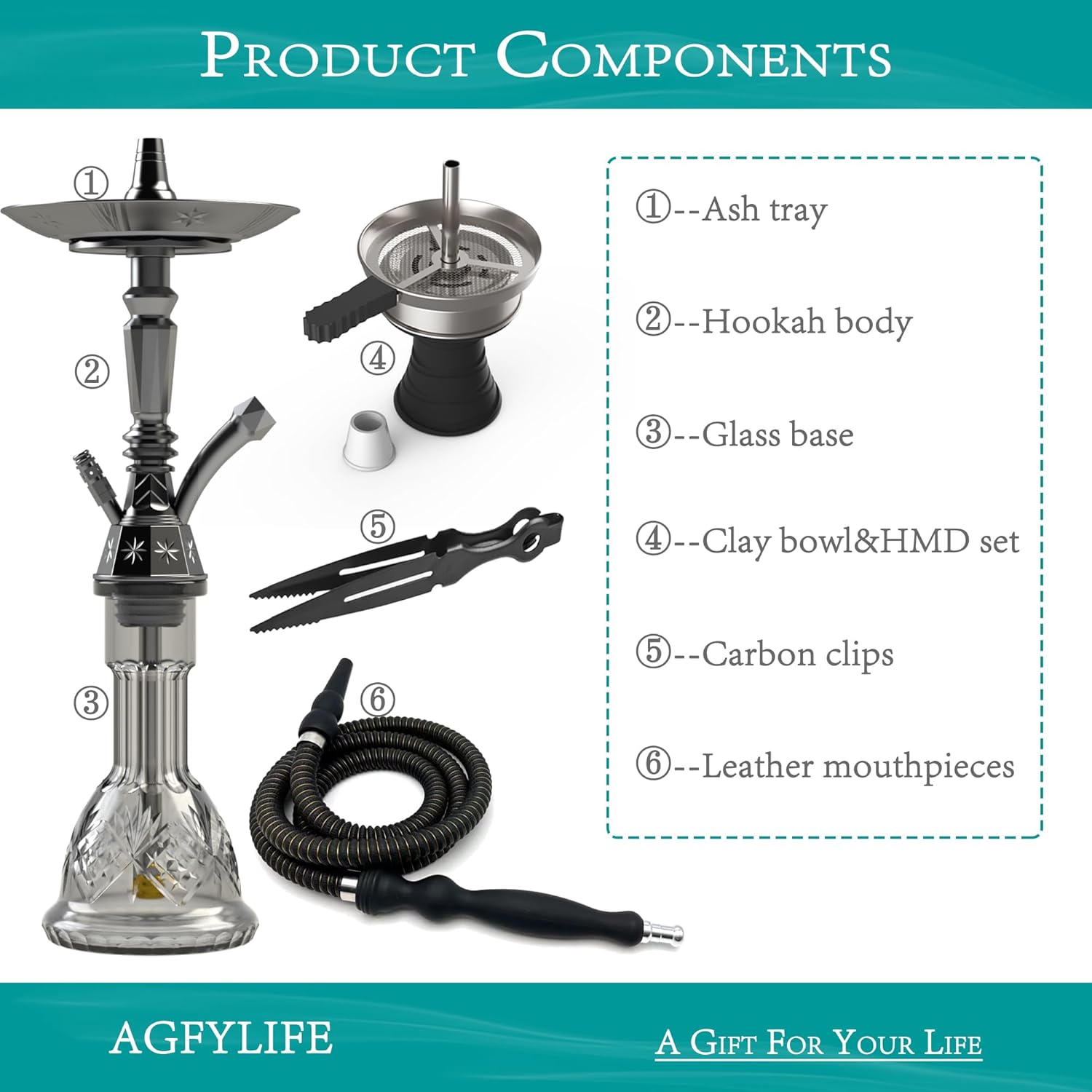 AGFYLIFE Hookah Set 25" Egyptian Style Hookah Complete Set with Everything, Shisha Accessories Includes Glass Vase, Clay Bowl, Leather Hookah Hose, Electroplated Black