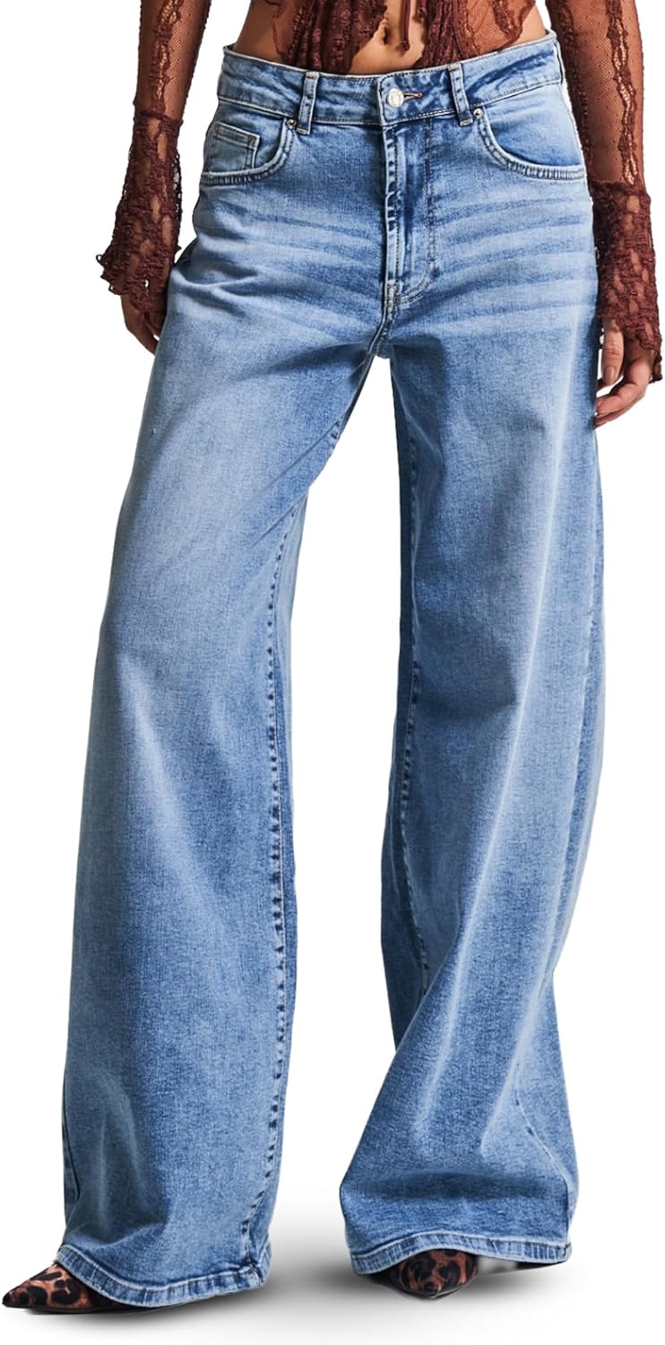 IT'S BASIC Straight Wide Leg Jeans for Women High Waisted, Relaxed Fit Trendy Womens Jeans Stretchy Denim Pants, Stonewashed