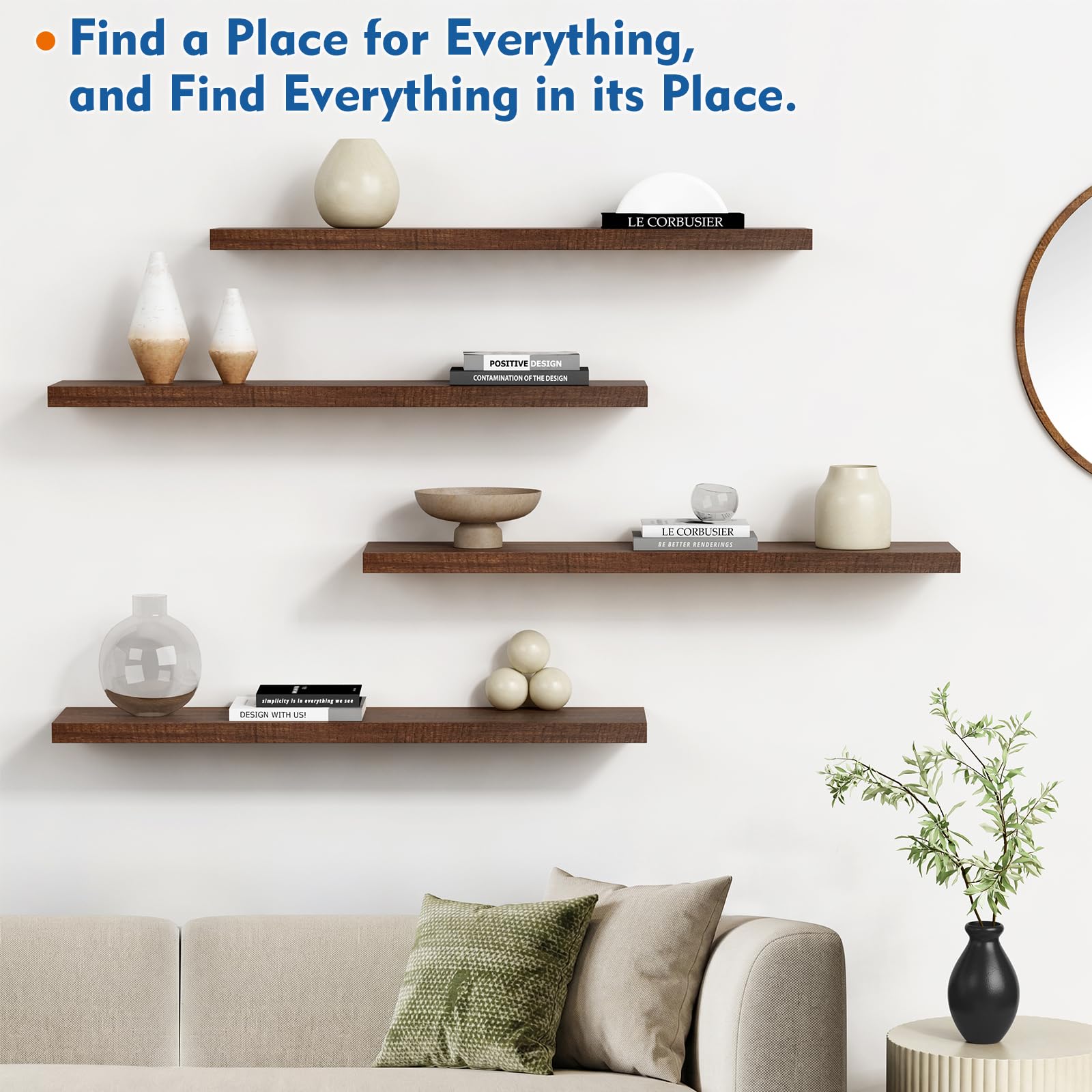 Harwaya Floating Shelves - Walnut Brown, Set of 2 -6 Harwaya Floating Shelves - Walnut Brown, Set of 2 -6