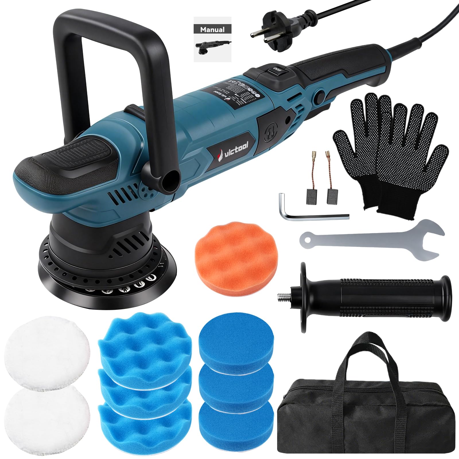 Pulidora con motor de cepillo de 1500 W, seis velocidades precisas y cinco discos de pulido, apto para pulir, reparar y sellar. Manejo estable gracias a sus dos asas.