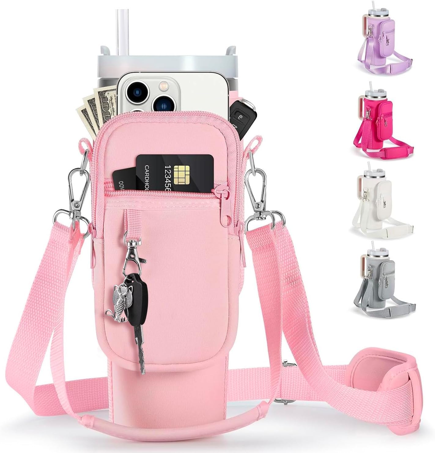 linmaya Water Bottle Carrier Bag for Stanley Cup 40/30oz with Phone Holder Pockets,Neoprene Water Bottle Cross-body Bag with Adjustable Shoulder & Hand Strap Stanley Cup Accessories