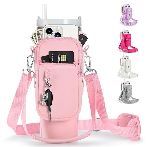 linmaya Water Bottle Carrier Bag with Phone Pocket for Stanley Cup 40/30oz,Insulated Neoprene Water Bottle Holder Cross-boday Bag with Adjustable Shoulder & Handheld Strap Stanley Cup Accessories - 40OZ - pink
