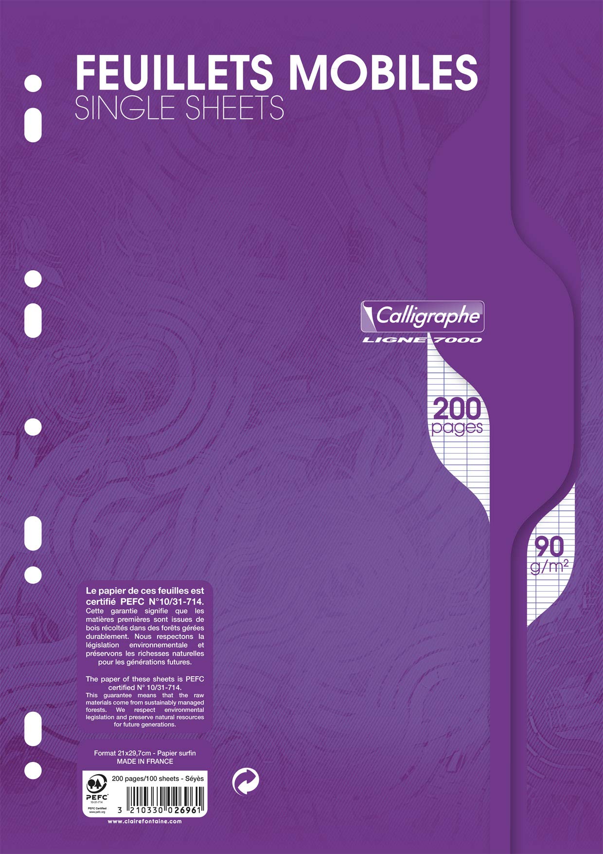 Calligraphe 2696AMZC - Set of 2 Packs of Movable Sheets - Film Wrapped (a Clairefontaine Brand) - A4 21x29.7 cm - 200 Seyes Ruled Pages - White Paper 90 g