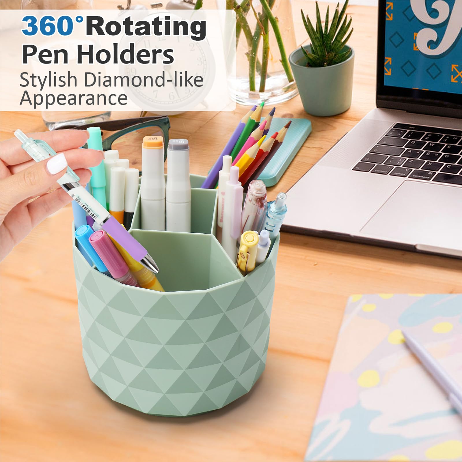 Nuozme Desk Organizer, 360-Degree Rotating Pencil Pen Holders For Desk, Diamond Pattern Pen Organizer With 5 Compartments, Cute Desk Accessories Decor For Office, School,Home,Art Supply (White)
