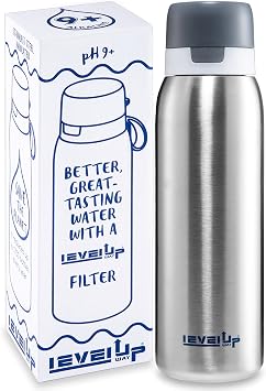 Level Up Way 25 Ounce Premium Stainless Steel Water Bottle with Filter BPA Free - Travel Essentials - Alkaline Water Filter pH 9+ Black
