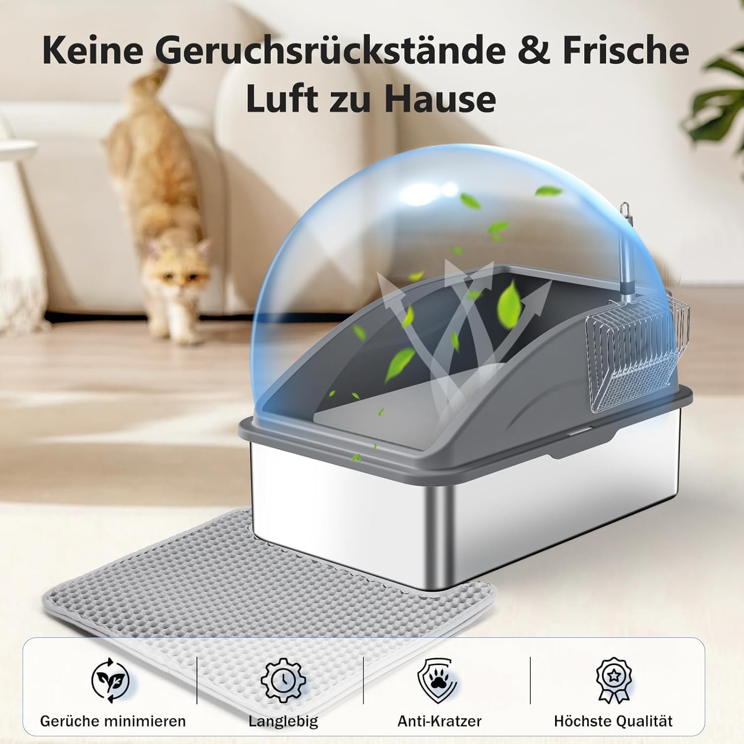 FURTIME XXL kuweta dla kota ze stali nierdzewnej, 30 l, duża szufelka dla kota ze stali nierdzewnej, matowa, podwójna warstwa, szczelna, XXL, 58 x 37 x 28,5 cm