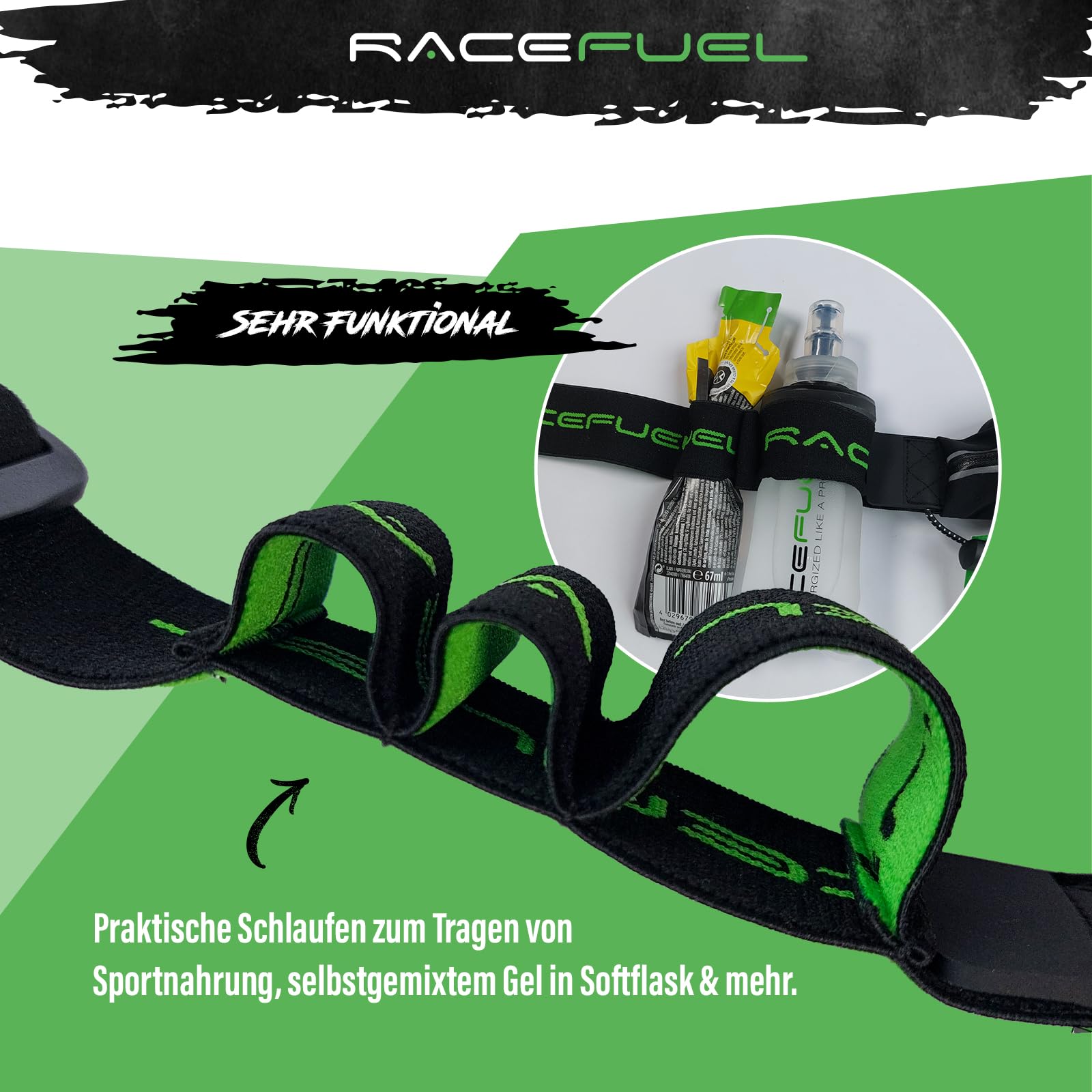 RaceFuel - Correa para el número de triatlón con bolsillo para teléfono móvil con soporte para número y 6 soportes Softflask o gel para correr, ciclismo, maratones, Con bolsa, talla única, Banda