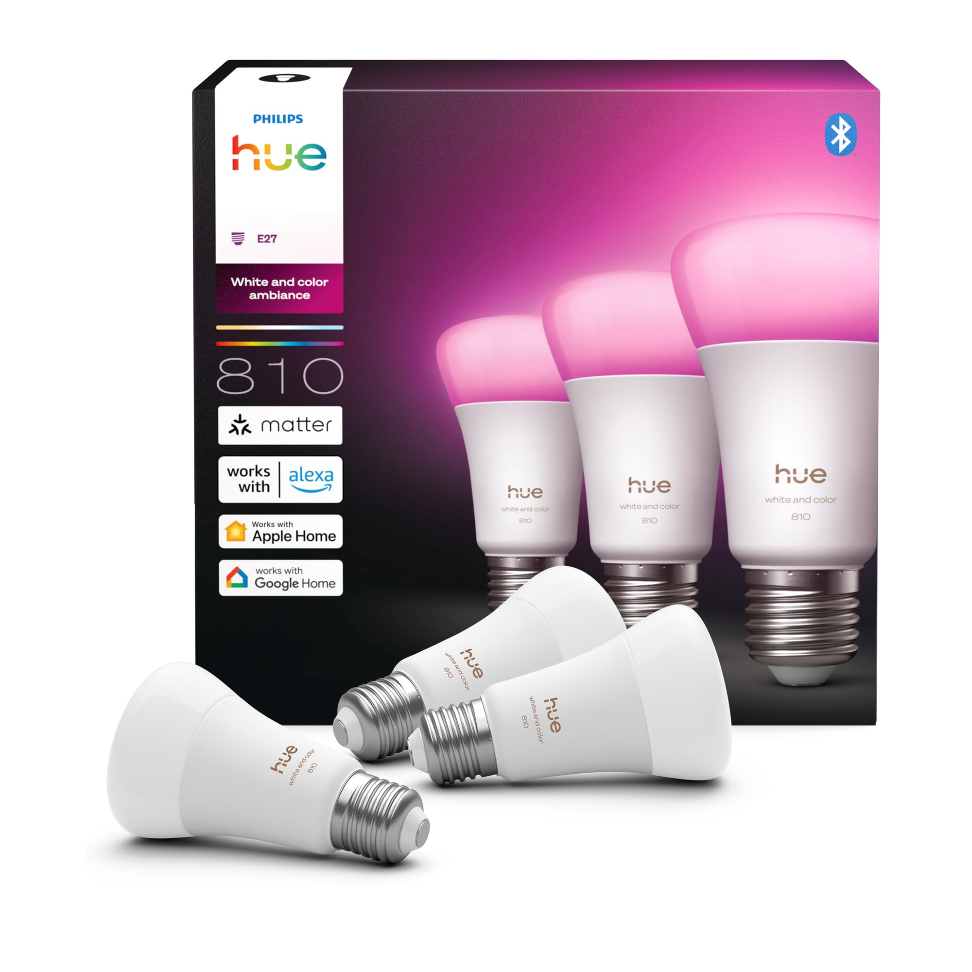 Philips Hue Smart LED A60 Lampe, Weiß und Color Ambiance, E27 Fassung, 6W, Vollspektrumlicht 10000K-20000K, 810 Lumen, dimmbar, kompatibel mit Alexa, Google Assistant und Apple Home, 3er Pack