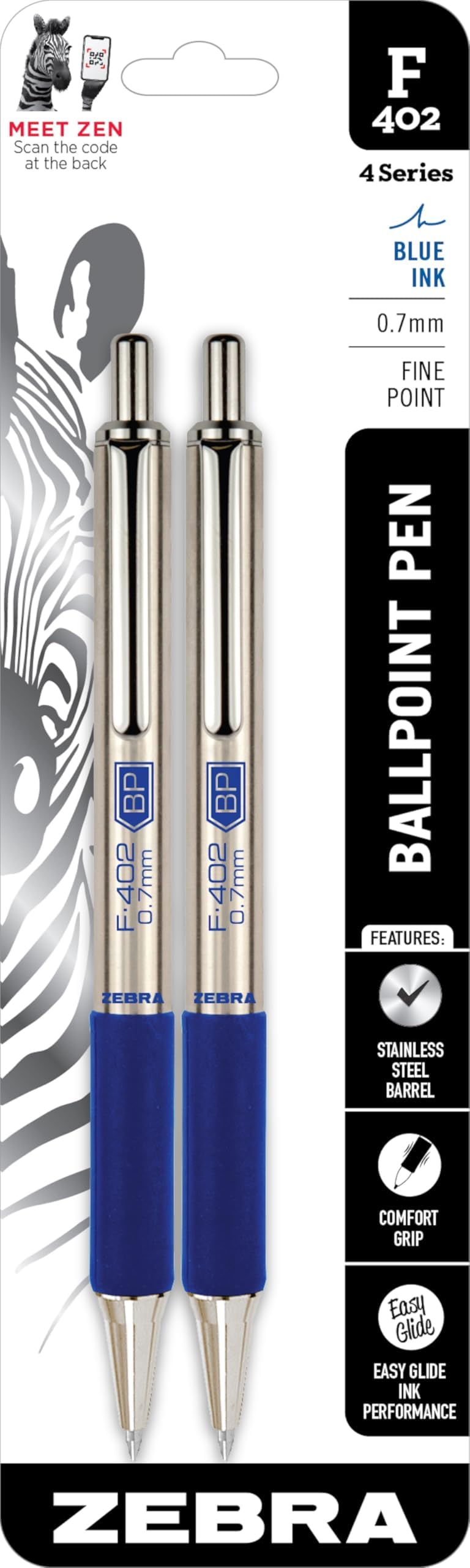 STEEL F-402 Retractable Ballpoint Pens, 0.7mm Fine Point, Blue Ink, Stainless Steel Barrel and Clip, Easy-Glide Ink, Comfort Grip, Refillable Pens for Office, School, 2-Pack (29222)