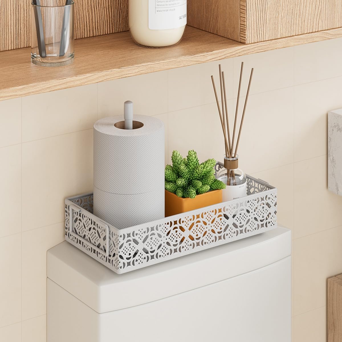 Toilet Tank Topper Paper Basket - White Bathroom Basket Decor Box with Magnetic Paper Towel Holder for Organizing - Image 2