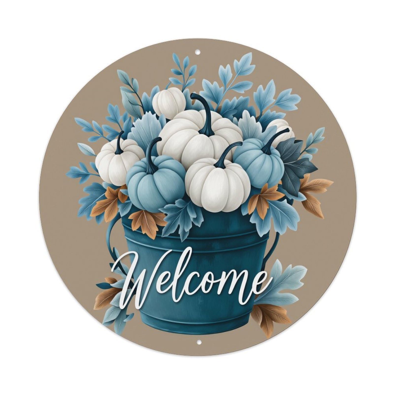 Blue Pumpkins Leaves Bucket Welcome Round Tin Sign Vintage Metal Poster Retro Bar, Home, Man Cave, Kitchen, Laundry Room Wall Art Decor Gift 8x8Inch