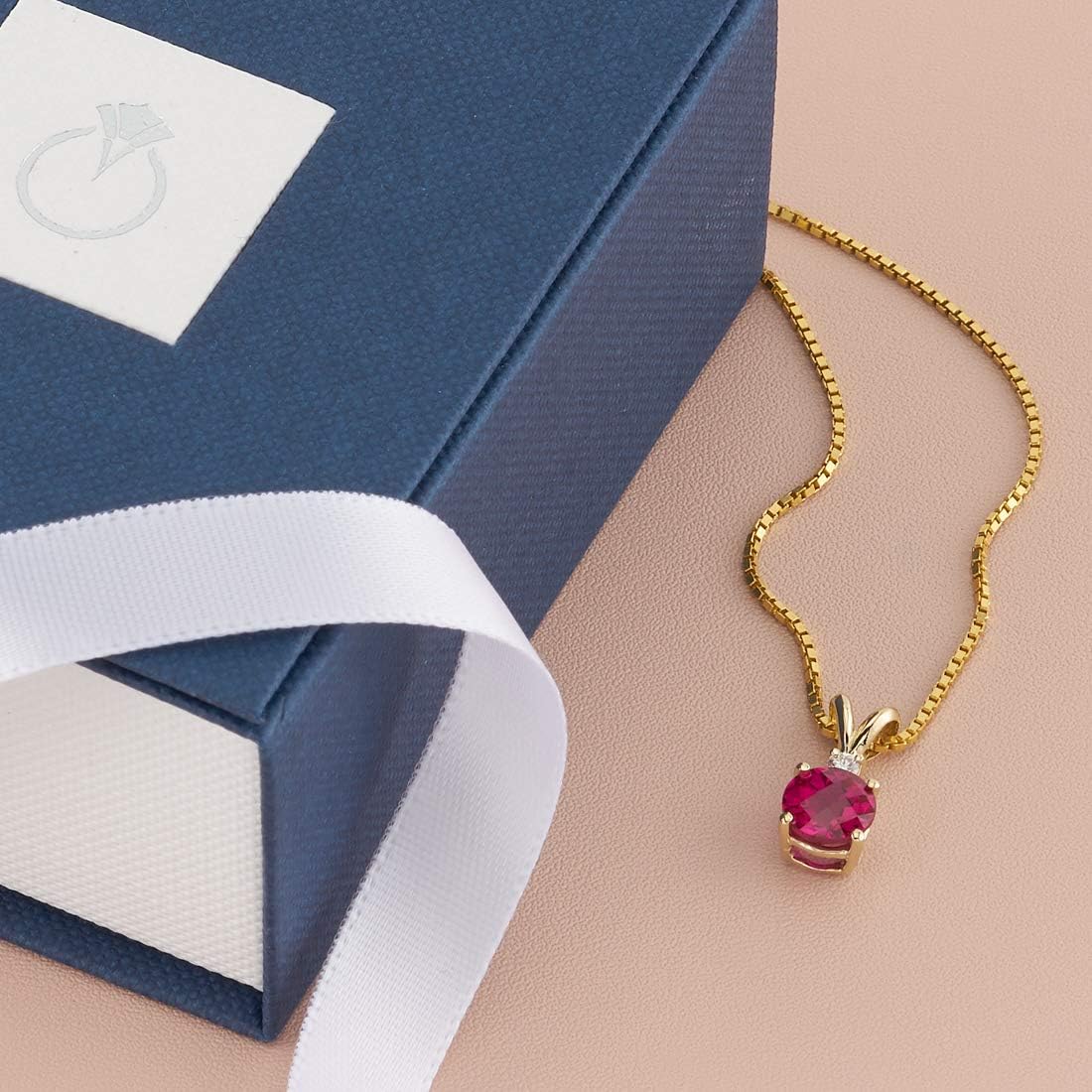 PEORA Created Ruby with Genuine Diamond Pendant in 14K Yellow Gold, Elegant Solitaire, Round Shape, 6.50mm, 1.35 Carats total, Women Gift Ideas w/Jewelry Box Valentines Gift for Women