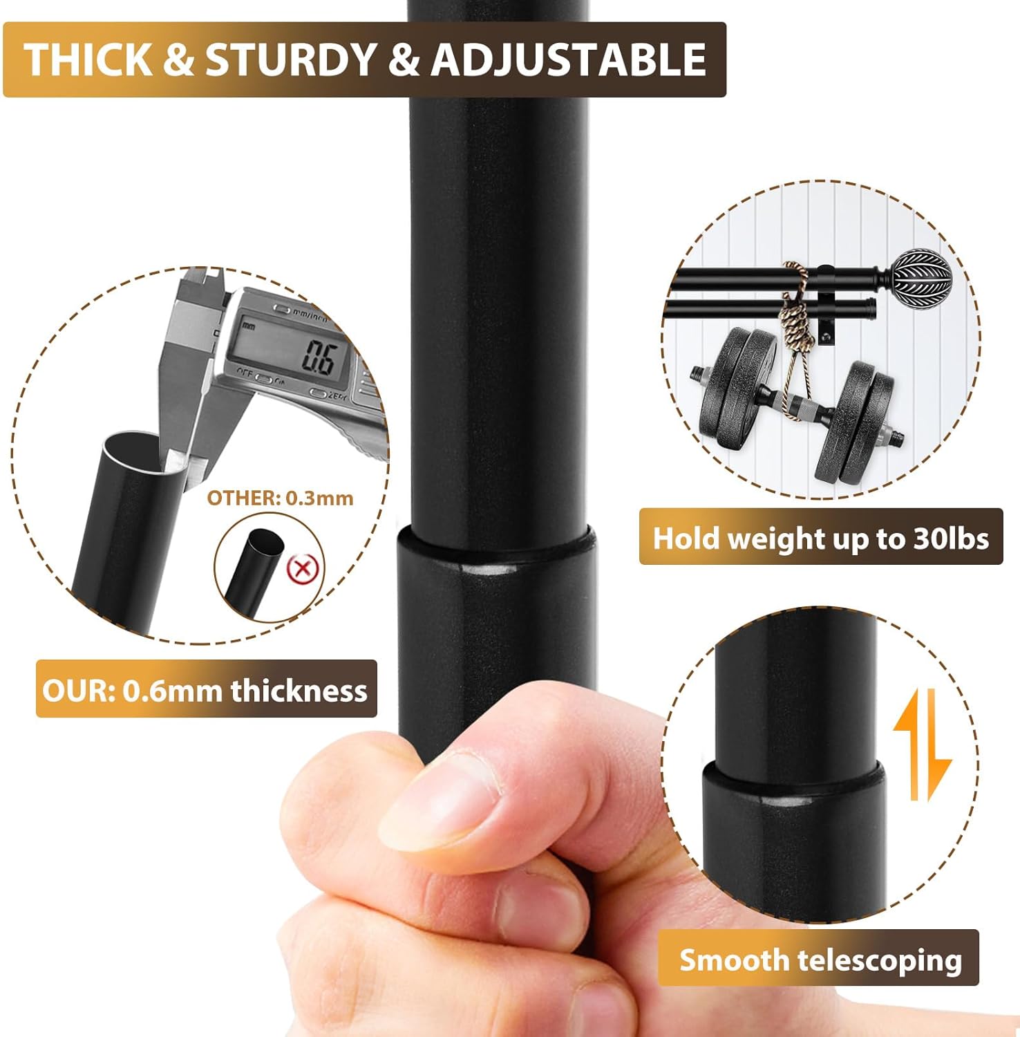 KAMANINA 1 Inch Double Curtain Rod 36 to 72 Inches (3-6 Feet) Black and Wood Grain Curtain Rods for Windows, Telescoping Heavy Duty Drapery Rods with Decorative Round and Leaf Pattern Finials