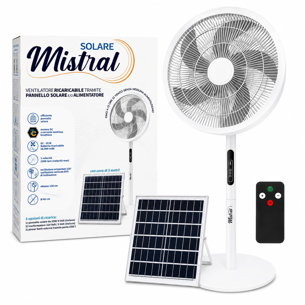 Ventilatore Solare Ricaricabile con Pannello Solare 20W, Ventilatore a Piantana Senza Fili con Batteria 18000mAh, 3 Velocità, Telecomando, USB-C, Oscillazione Automatica, per Campeggio Giardino Spiagg