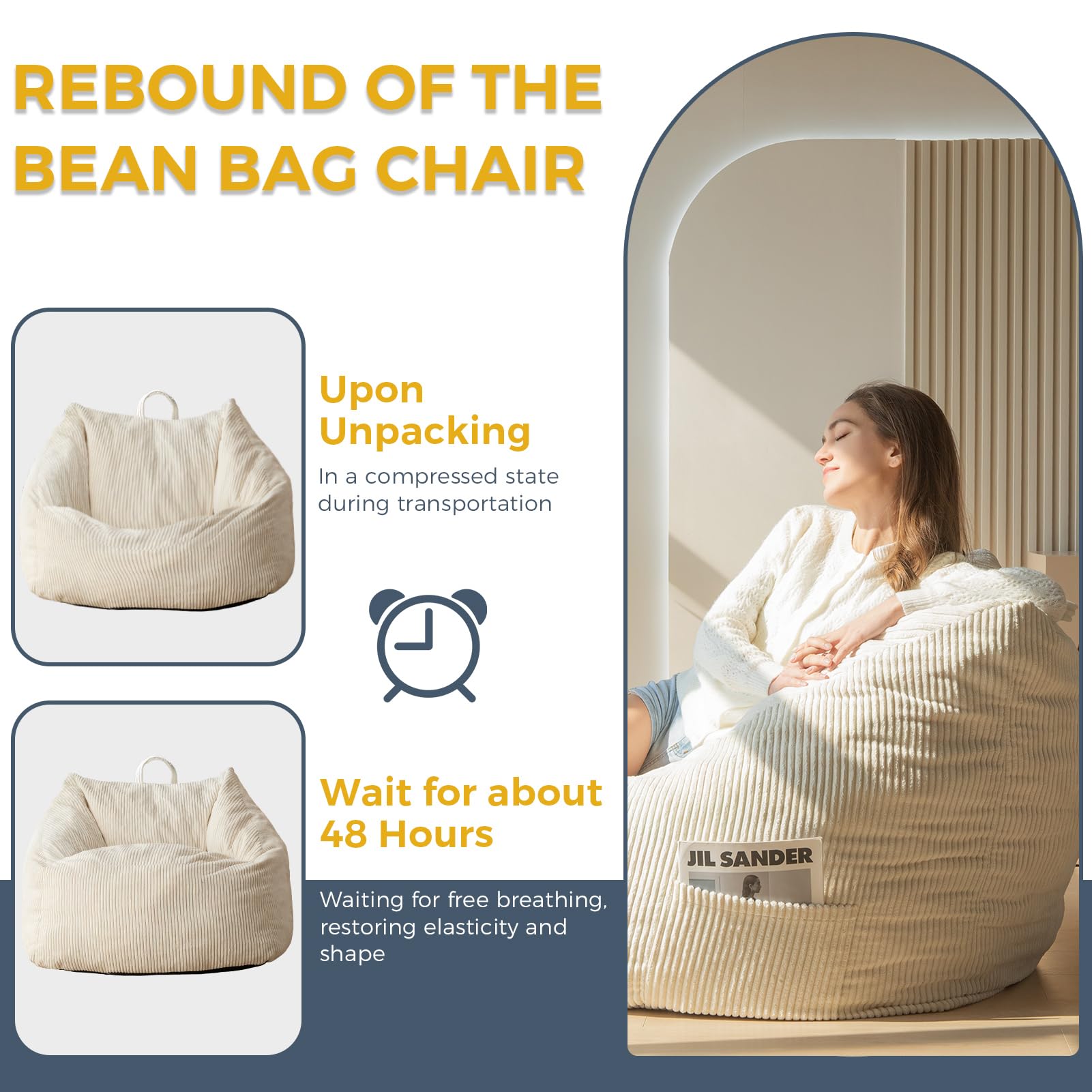 MAXYOYO Sitzsack für Erwachsene, Cosy Bean Bag aus Cord mit Handgriff, Schaumstofffüllung, Bequemer Sessel Spielen, Lesen, Entspannen