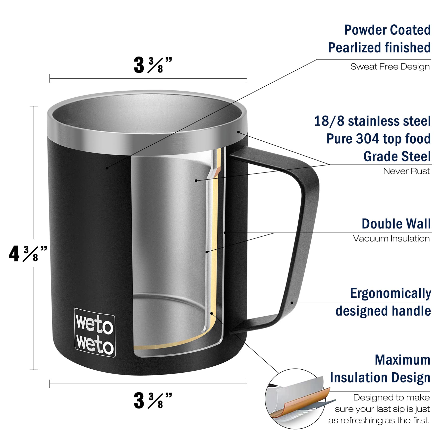 WETOWETO Taza de café con asa, taza de café reutilizable de acero inoxidable aislada de 14 onzas, taza de café de doble pared, taza de viaje de café con recubrimiento en polvo negro