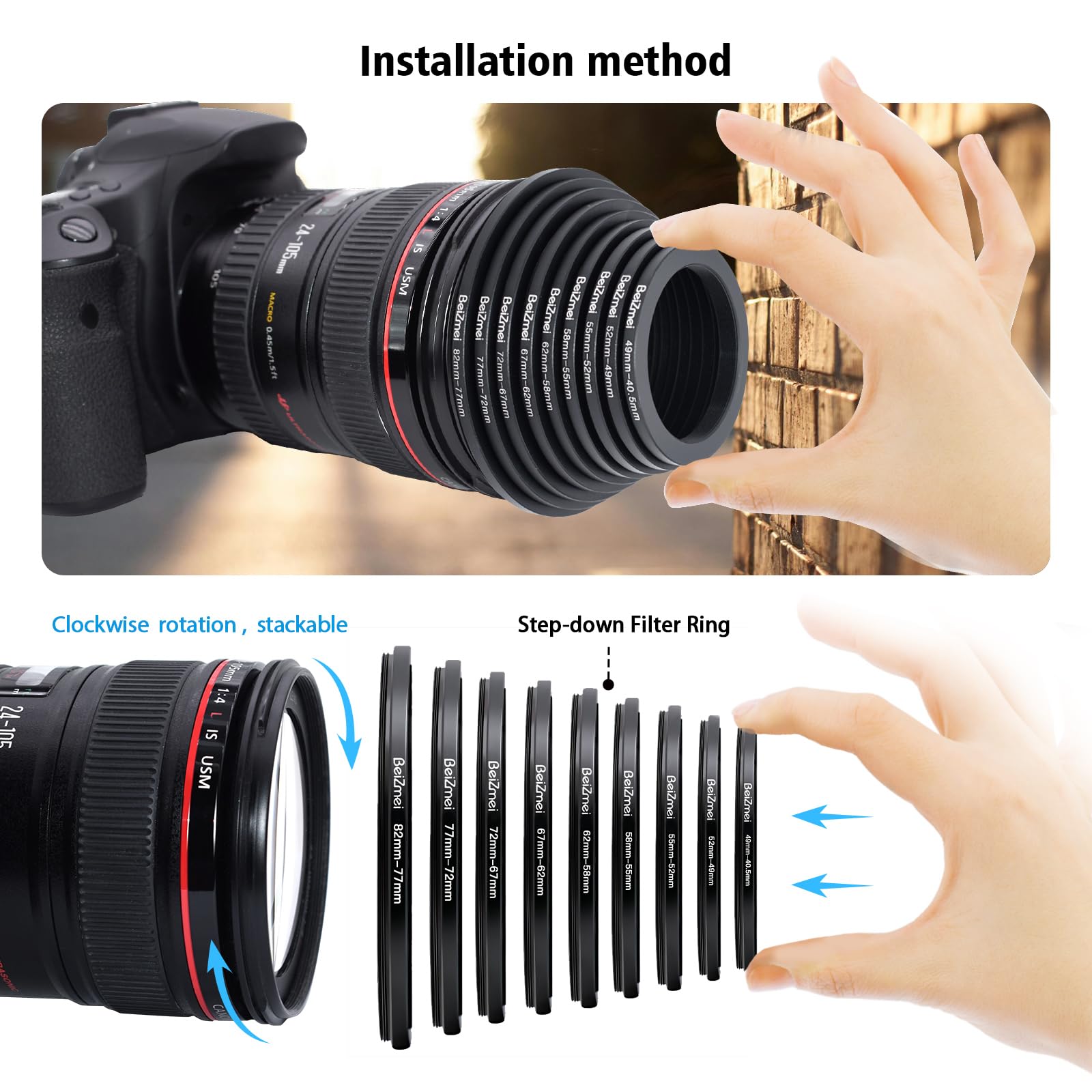 Set 9 Anelli Step-Down Per Filtri Fotografici - Adattatori Da 82mm A 40.5mm In Alluminio Nero - Foto 4