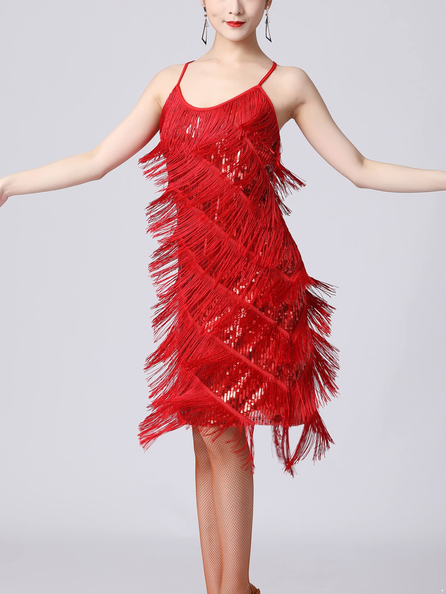 Freebily Robe Danse Tango Latine Femme Robe Année 1920 Franges Flapper Élégant Costume Charleston Robes Soirée Bal Fête V Cou Paillette