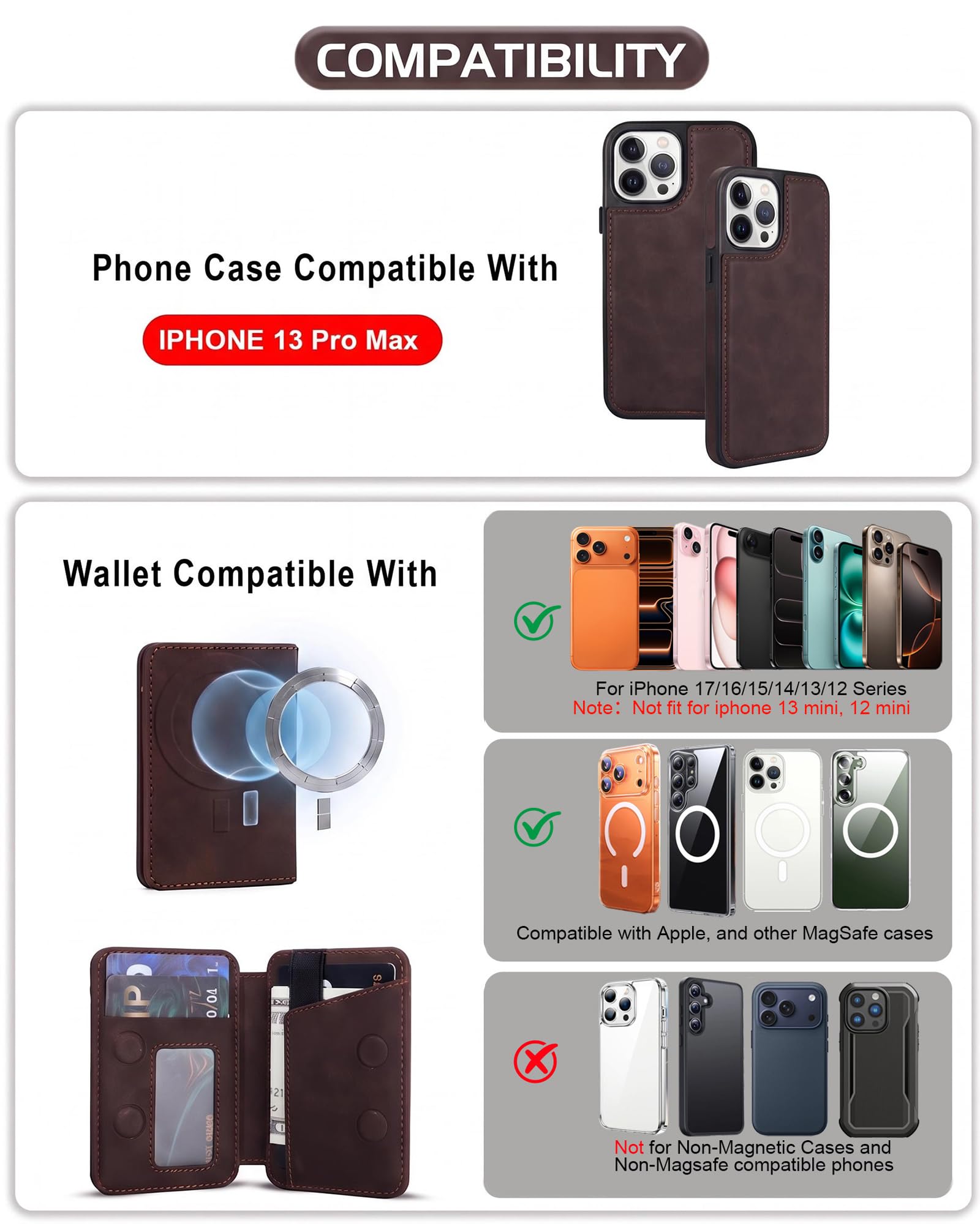 Custodia a portafoglio magnetica staccabile per iPhone 13 Pro Max con cavalletto, 2 in 1 compatibile MagSafe con blocco RFID, custodia sottile in pelle PU marrone vintage