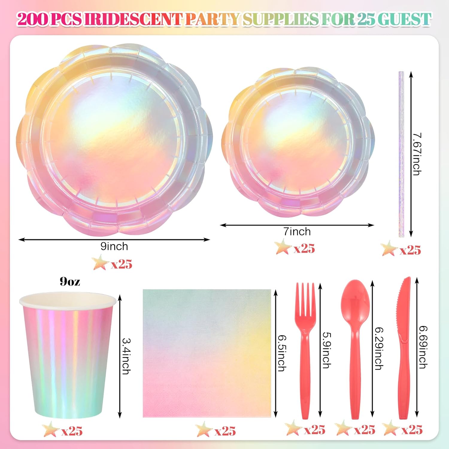 200 Pcs Iridescent Pastel Party Supplies Decorations, 25 Guest Scalloped Iridescent Pastel Plates and Napkins, Holographic Rainbow Plates Cups Napkins Straw Silverware for Girls Birthday - Image 3