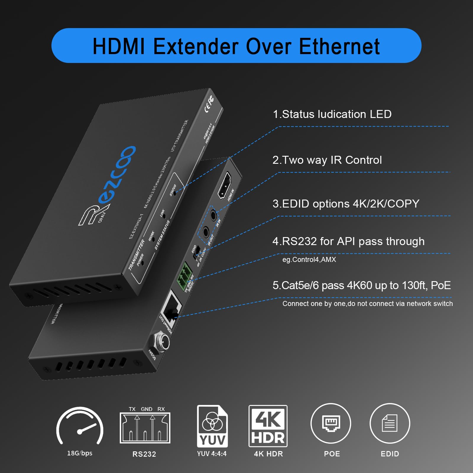 ROFAVEZCO HDMI Extender over Ethernet, 4k60 non compresso 18G/BPS su singolo Cat5/6 fino a 40m(165ft), RS232+POE+IR+HDCP2.2, HDR e Atmos, CEC, EDID Management.