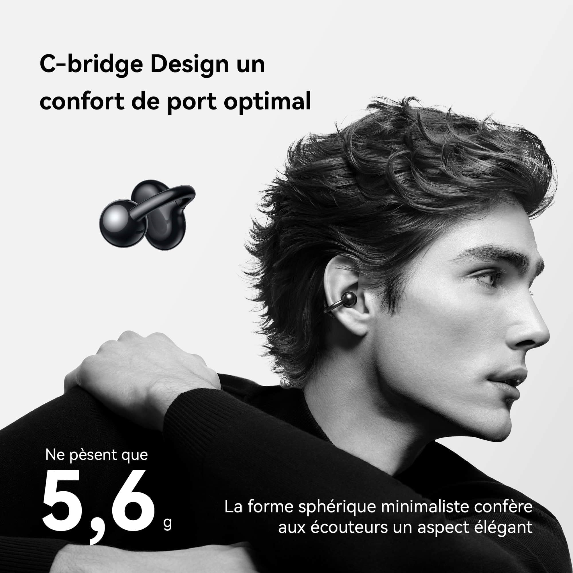 HUAWEI FreeClip écouteurs, écouteurs sans Fil, Bluetooth, 8 Heures d'autonomie, Écoute Ouverte subversive, Ajustement sûr, Confort de Port Optimal, avec iOS, Android et Windows, IP54, Noir