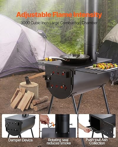 Miniatura 2 de VEVOR Estufa de leña para acampar de 118 pulgadas, estufa portátil de acero aleado con caja de combustión de 3000 pulgadas, estufa de calefacción y