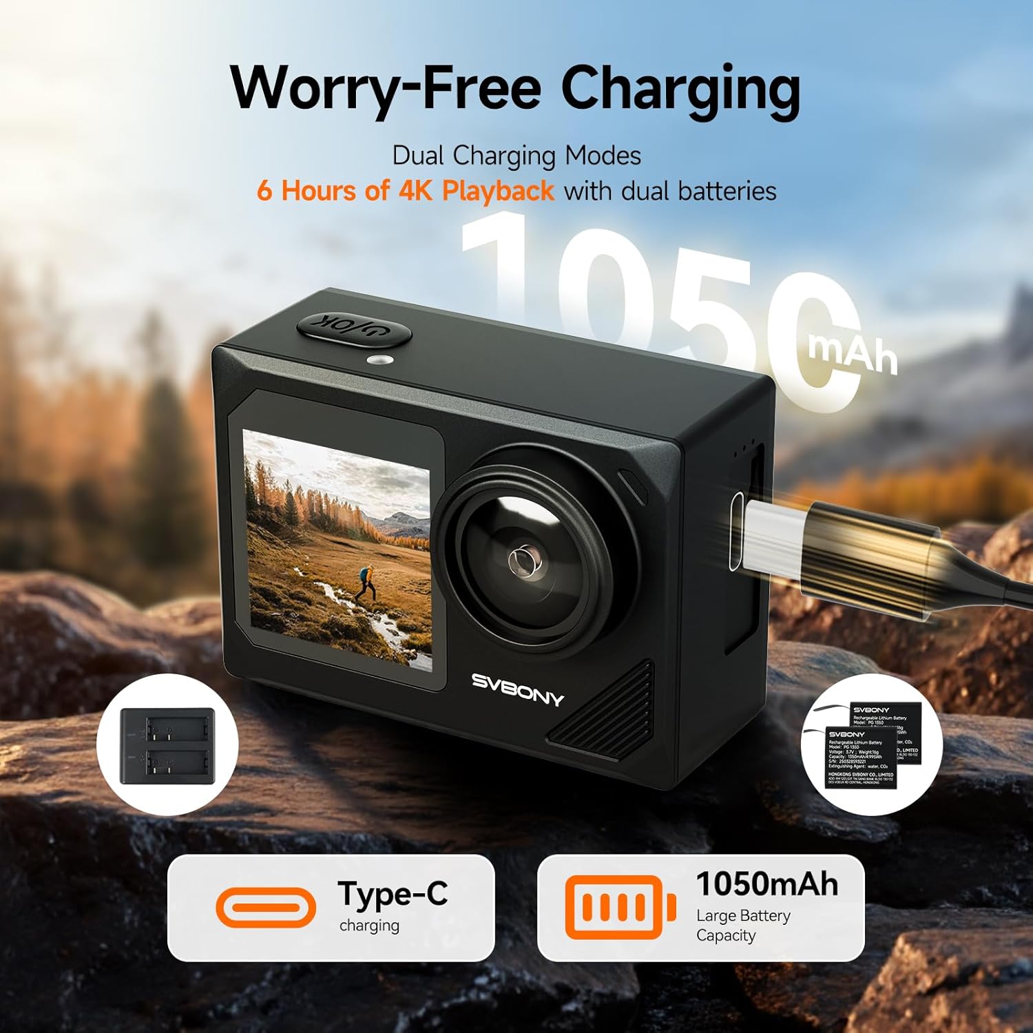 SVBONY SVGo2 Action Camera 4K30FPS 50MP, 5X Zoom Touch Screen Sports Camera, Waterproof Cameras,6-Axis EIS with Floating Selfie Stick, Wired Microphone, 2 Batteries, for Sports Vlog image 6 of 9 B0FF29D7K1