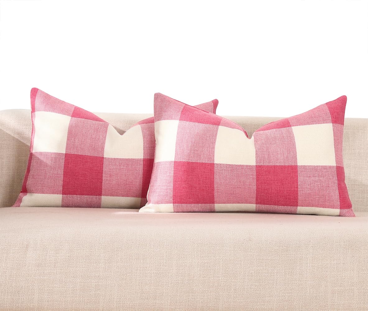 CARRIE HOME Light Pink Buffalo Plaid Lumbar Pillow Covers 12x20 Set of 2 Pink Checkered Pillow Covers 12