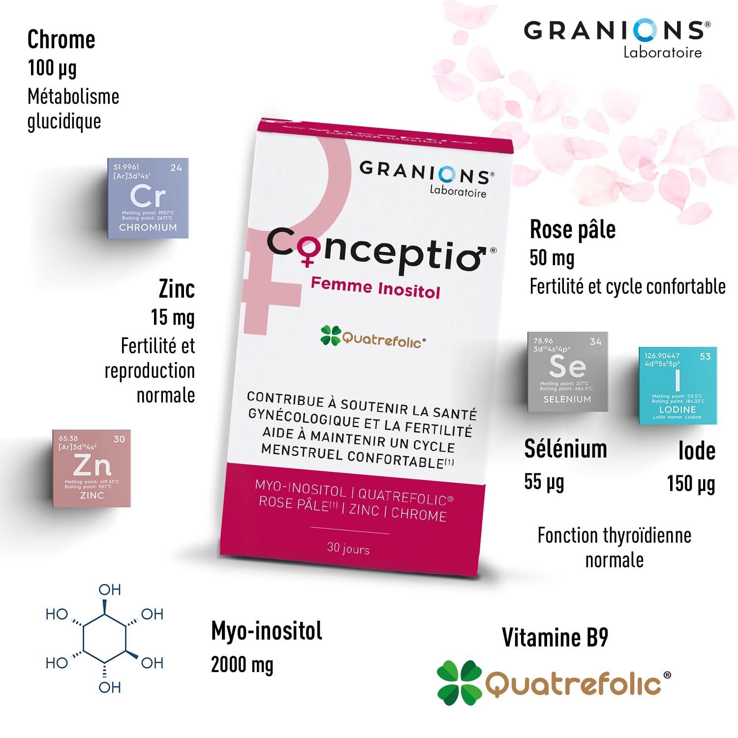 Conceptio Femme INOSITOL - MYO Inositol - Femmes Atteintes SOPK - Fertilité Femme - Acide Folique Grossesse - Vitamine D, B12, B6 Chrome, Iode - 120 Comprimés, 30 Capsules- 1 Mois- GRANIONS