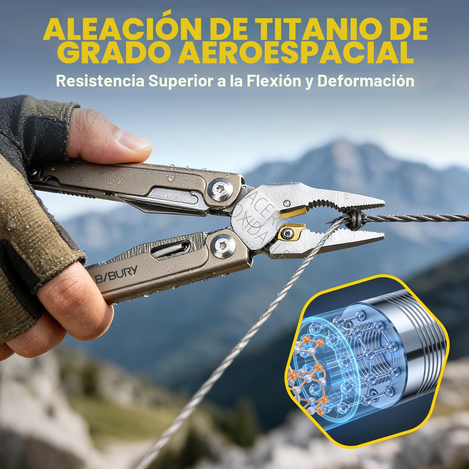 BIBURY Multiherramienta Titanio y Acero Damasco - Alicates Multiusos con Navaja Supervivencia, Tijeras, Sierra Intercambiable y Puntas - EDC Multitool para Camping, Reparar y Regalo Hombre BI2049TI