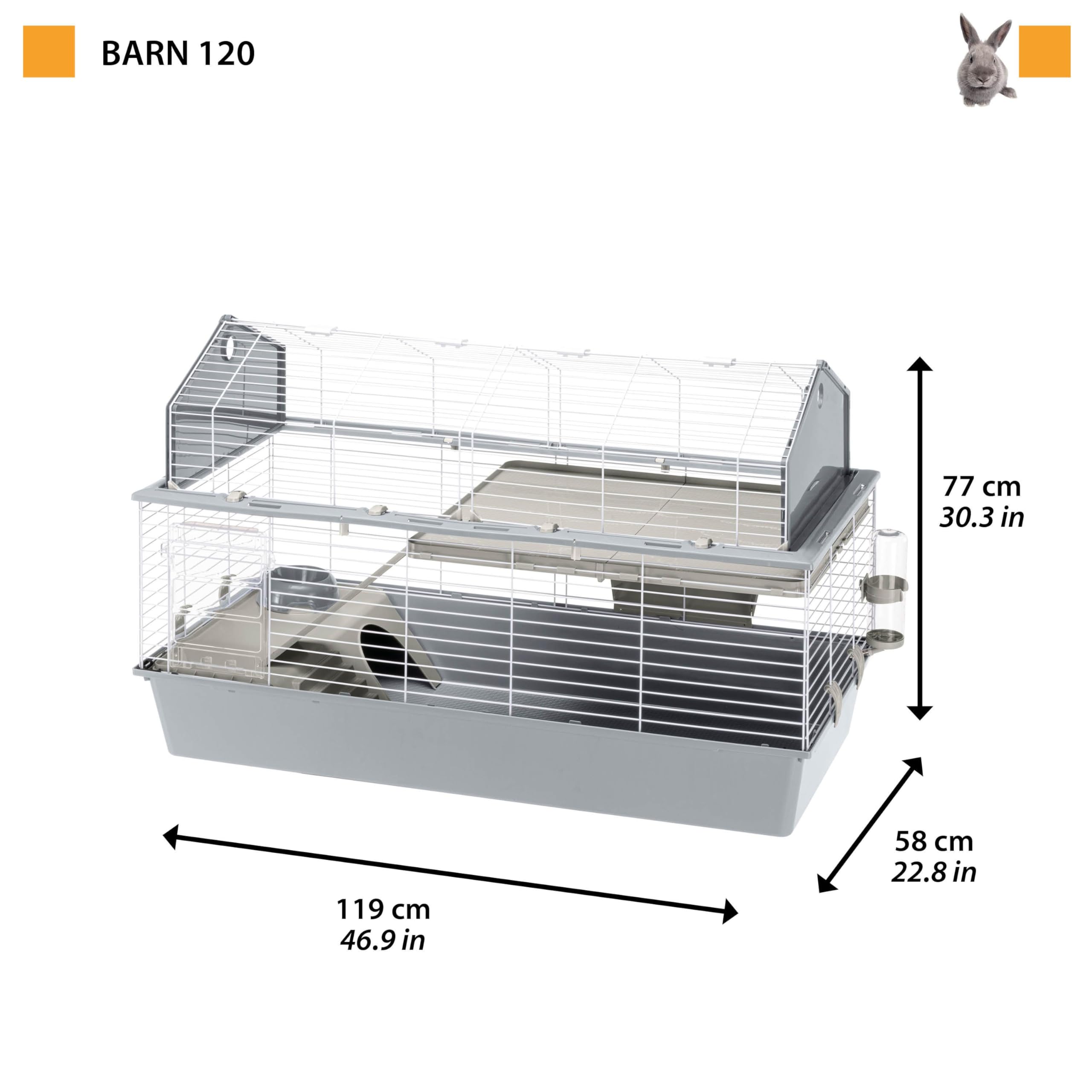 Cage BARN 120 pour Lapins et Petits Animaux, 2 étages, Toit Ouvrant, Accessoires et Adhésifs Inclus