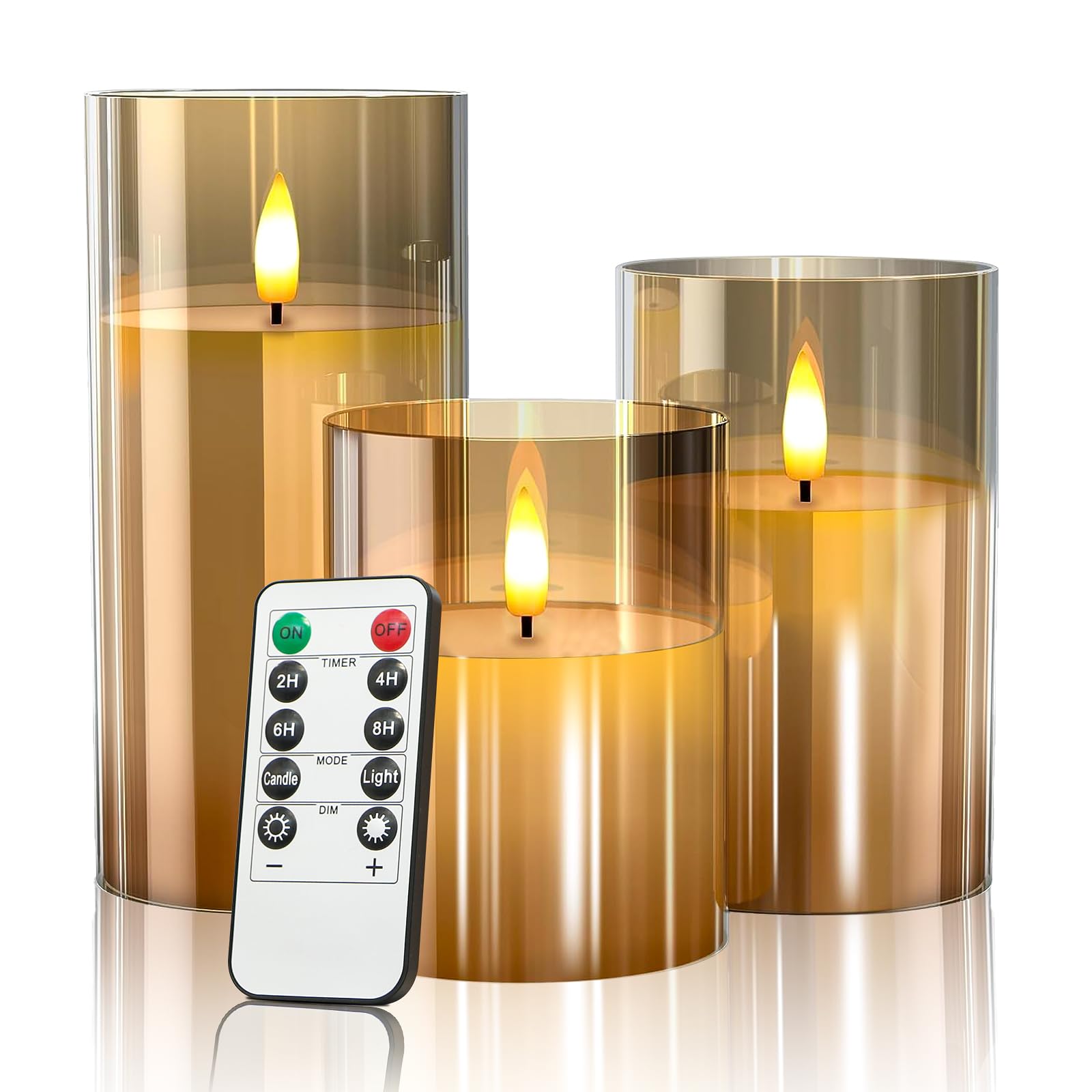LED Flameless Candles Flickering with Timer & Remote Control, Battery Operated Warm Light LED Gold Glass Candles Gift Set, Set of 3 Pillar Candle of 4" 5" 6" for Party Wedding Christmas Decoration