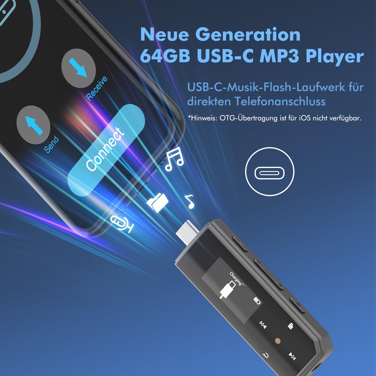 64GB Tragbarer MP3 Player Mit Bluetooth 5.3, Ein-Klick-Aufnahme, Typ-C Und USB, Clip, UKW-Radio, Mobiltelefon-Verbindung, Unabhängige Lautstärketaste