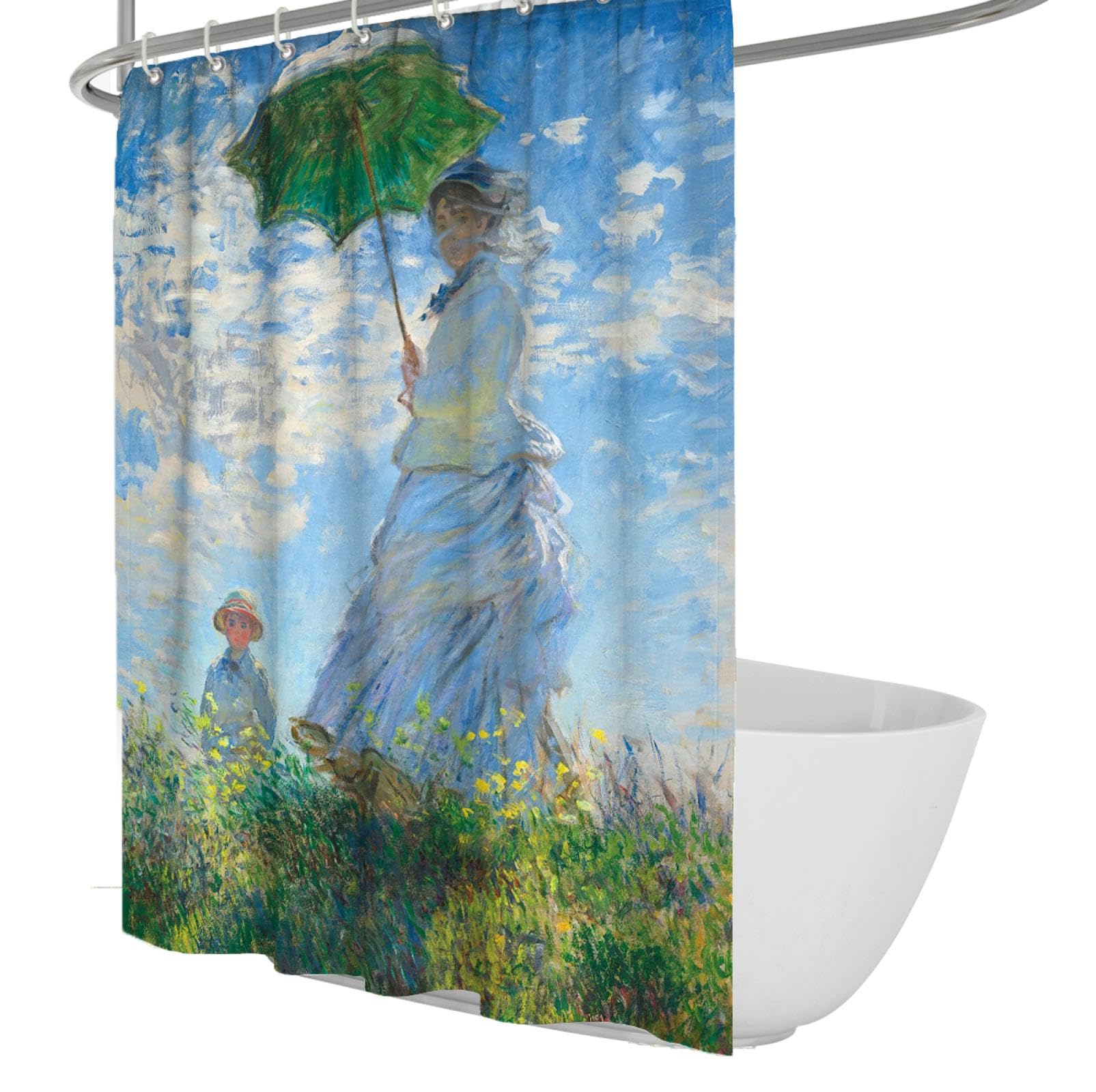 Mujer Sostiene Sombrilla Verde Conjunto de Cortina de Ducha de Tela Estampada con Ganchos Azul Cielo Campo de Flores Silvestres Cortinas de Bañera Impermeables Portátil 200Bx240Lcm