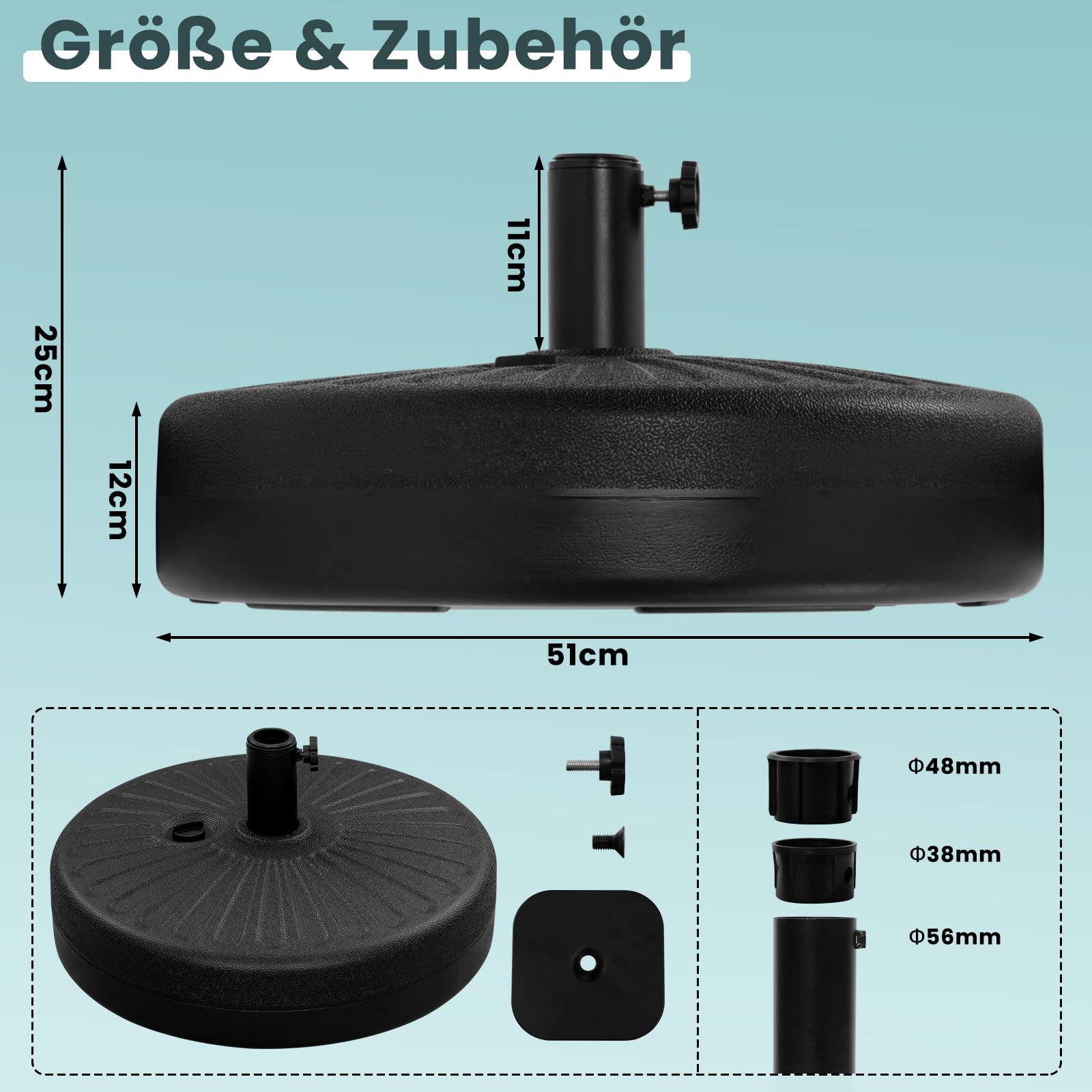 WOLTU Sonnenschirmständer rund 22 L, befüllbar mit Wasser oder Sand, Schirmständer aus HDPE, Sonnenschirmfuß für Schirmstöcke Ø 38-48 mm, inkl. Adapterhülsen, Schwarz
