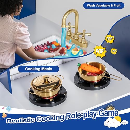 Miniatura 4 de Cocina de esquina para niños, juego de cocina de madera para niños pequeños con grifo, fregadero, microondas, horno, delantal, pizarra, gabinetes,