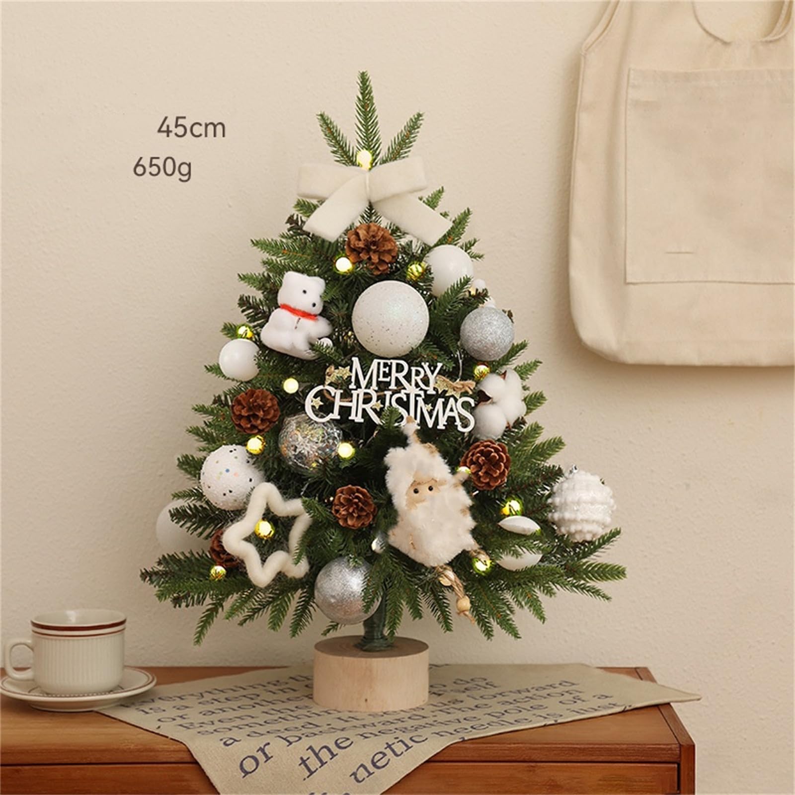 Mini Weihnachtsbaum, Kleiner Weihnachtsbaum, Weihnachtsbaum Klein Beleuchtet, Weihnachtsbaumschmuck Holz Klein KüNstlich GeschmüCkt FüR Weihnachten Deko Mit Sackleinen-Gewichtetem Sockel (#B,45 cm)
