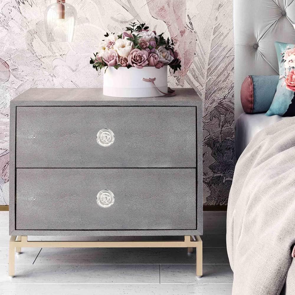 6Pcs Rose Cabinet Handles Dresser Drawer Knobs Pulls Vintage Kitchen Zinc Alloy Flower Drawer Pull for Cupboard Wardrobe with 3 Size Screws (30mm, Ivory White with Silver)