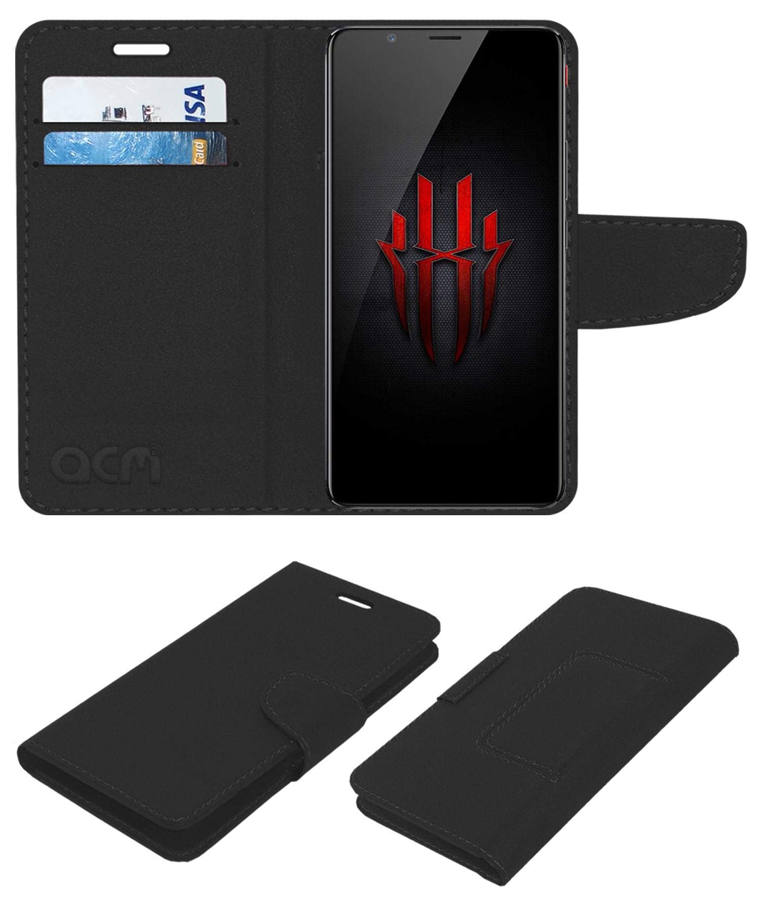 ACM Leather Flip Wallet Front & Back Case Compatible with Nubia Red Magic Mars Gaming Phone Mobile Cover Black