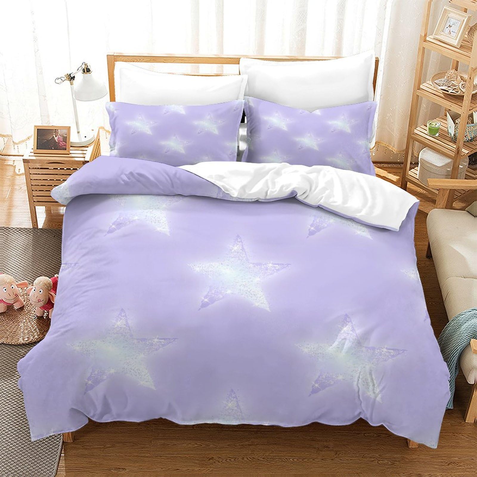 Gdekcieas Boys Lilac Glitter Stars Kids Bedding Set 3Pcs Ultra Soft Duvet Cover With Zipper Breathable Quilt Cover For Girls Teens Adults Easy Care Soft Microfiber Double（200X200cm）