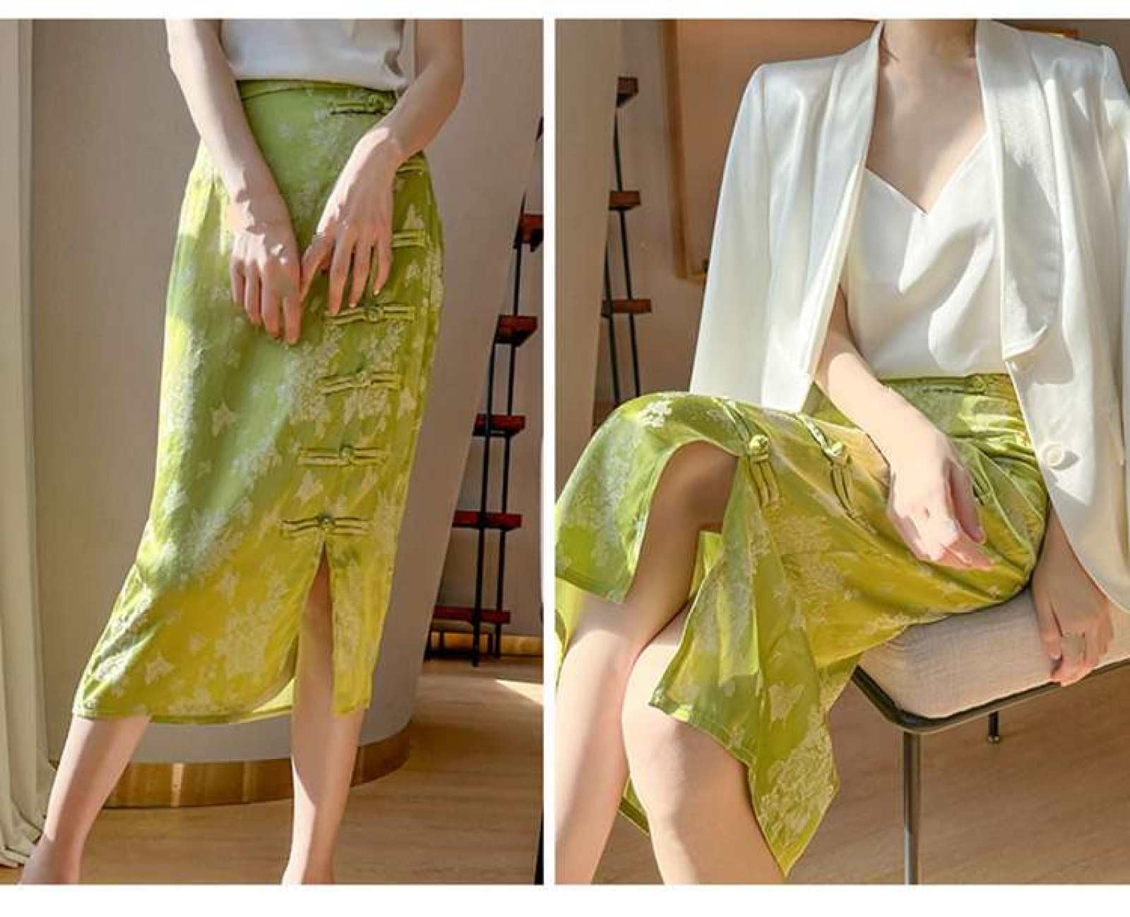 Jupe Droite en Satin De Soie pour Femme - Été Mi-Longue Taille Haute Jacquard Rétro Style Chinois Boucle Cheongsam Jupe Fendue À La Hanche, Jupe Drapée Souple Et Soyeuse À La Mode,Vert