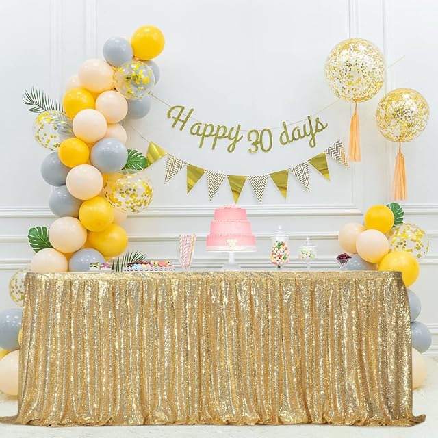 Eternal Beauty Sequin Table Skirt Rectangle Round Table Cover for Party Wedding Baby Shower DecorationAmber GoldL 6(ft) * H 30in