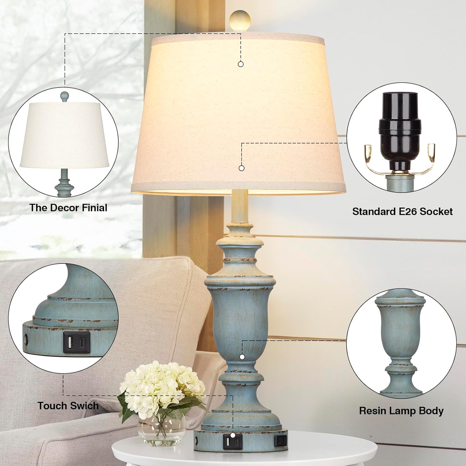 25.6" Blue Table Lamps Set of 2 with USB C+A Ports & AC Outlet for Coastal Living Room Bedroom,3-Way Dimmable Farmhouse Touch Lamp Bedside Lamps for Nightstand,Retro Blue