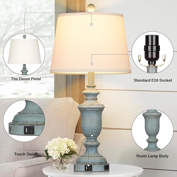 Lámparas de Mesa Cinkeda Set de 2, Azul, con USB y Enchufe miniatura 6