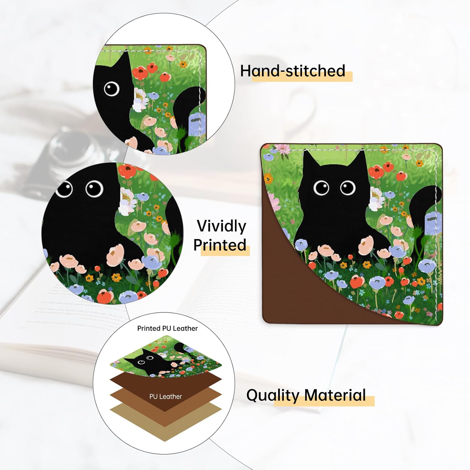 2 Pack Cat Hiding in The Flowers Leather Book Corner Bookmark, Durable Handmade Reading Accessories - Gifts for Readers, Women, Men, Teachers, Students 2 - Image 4