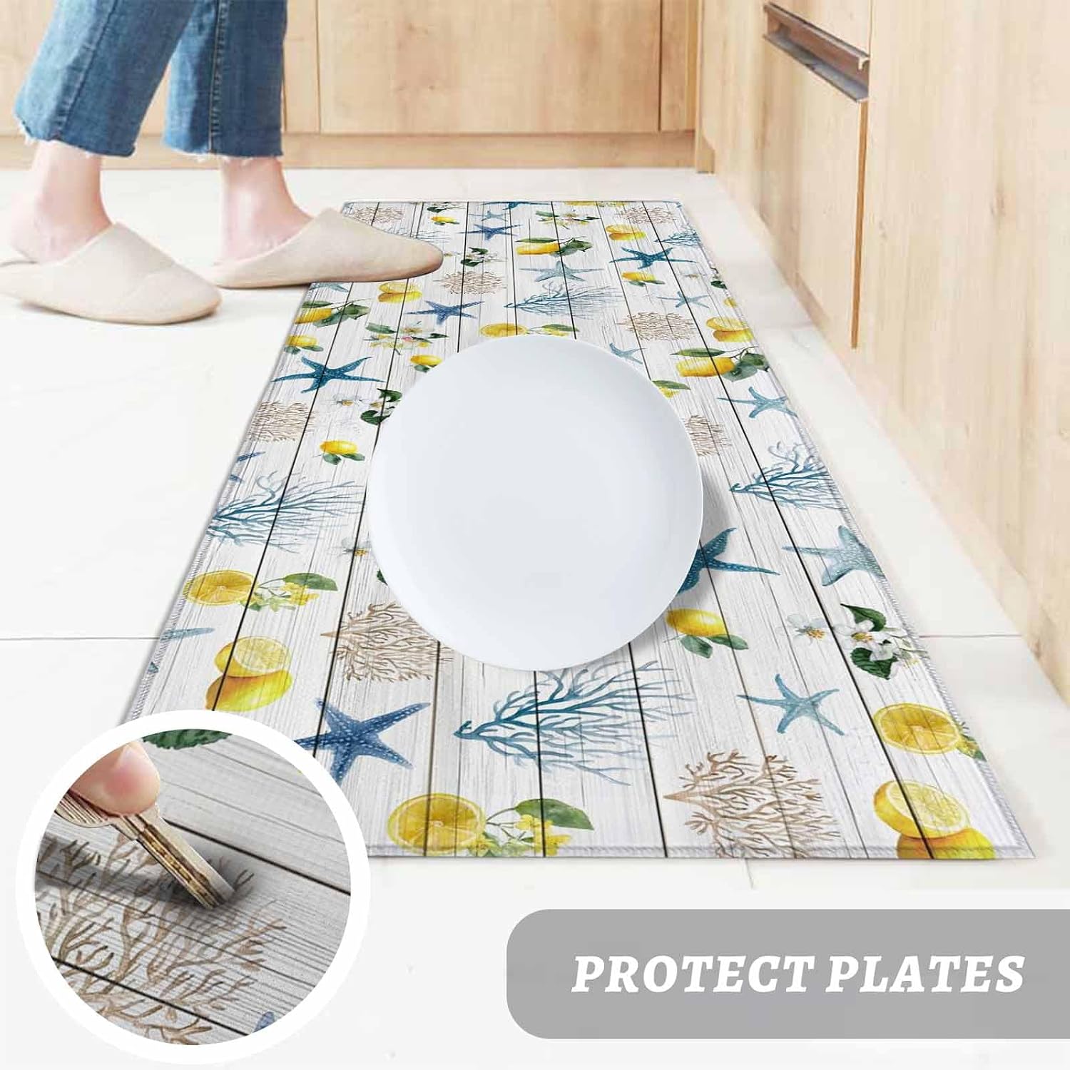Kitchen Mats for Floor Coastal Ocean Coral Starfish Washable Non Slip Kitchen Rugs 2PCS, Summer Lemon Flower Wood Plank Absorbent Standing Mats for Sink Bathroom Office 15.7x23.6in+15.7x47.2in