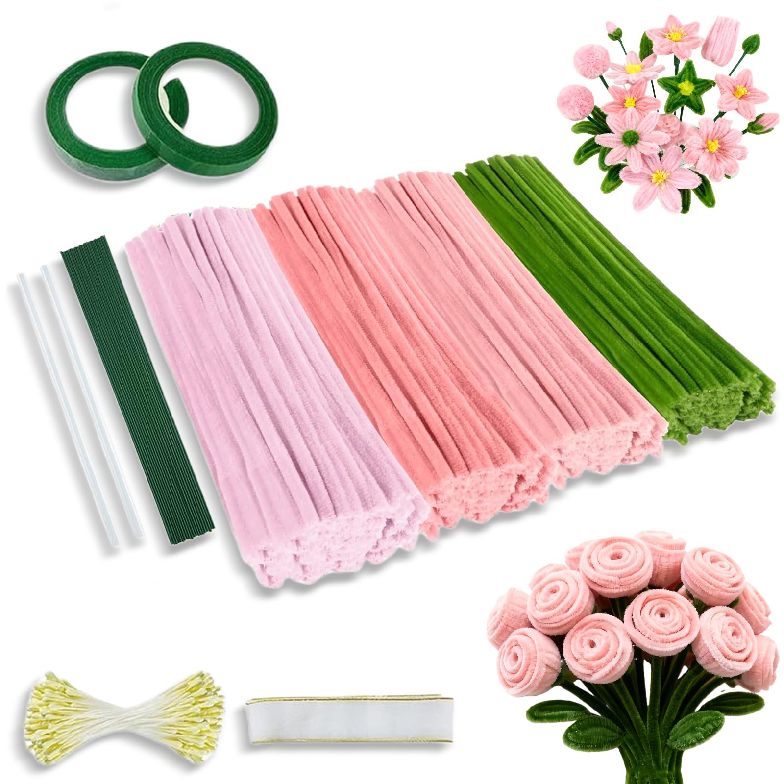 Pastel Pipe Cleaners for Craft Flowers, 400Pcs Pipe Cleaners for Crafts Flowers Chenille Stems DIY Flower Making Kit, with Floral Wires, Gardening Tape, Stamen & Ribbon, for DIY bouquet Craft (Pink)