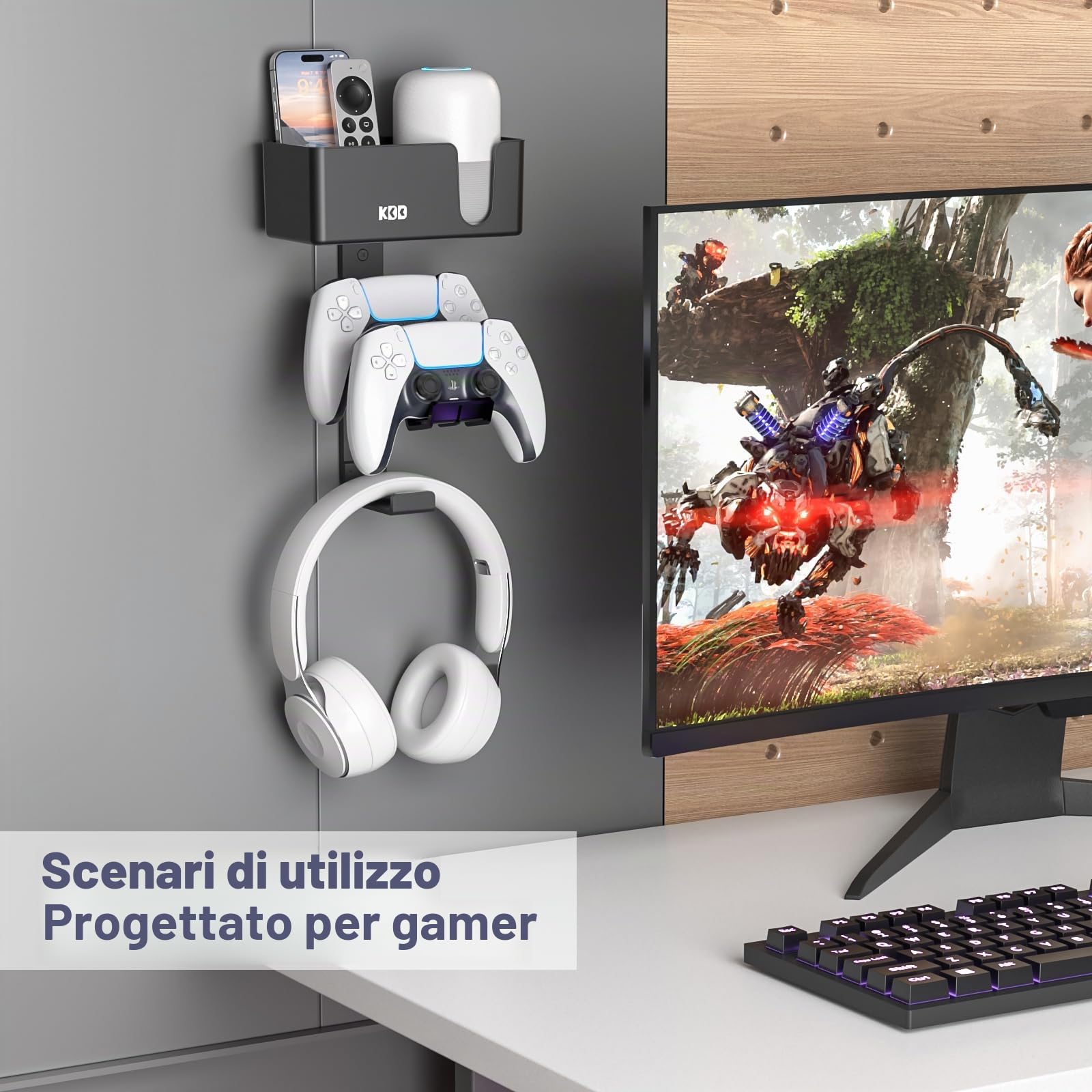 KDD 4 in 1 Supporto Parete per Controller, Doppio Porta Controller per PS5/PS4/Xbox e Cuffie con Cuscinetti Antiscivolo, Rimovibile Mount per TV Telecomando